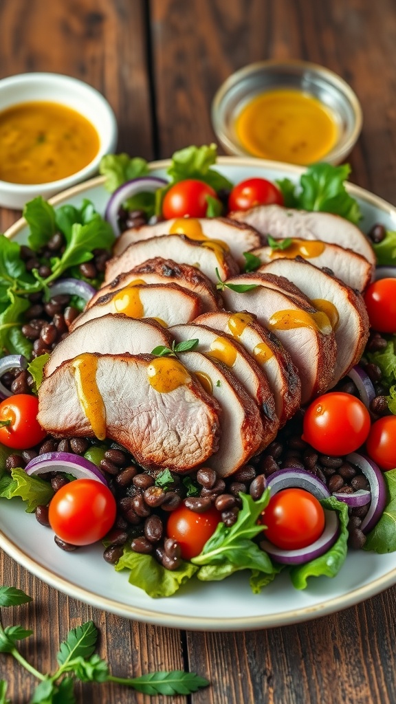 A colorful duck and lentil salad with greens, tomatoes, and mustard vinaigrette on a wooden table.